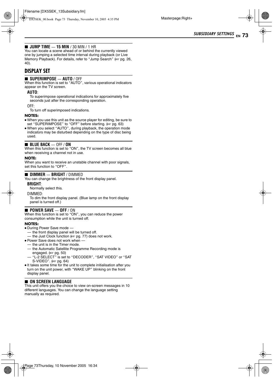 Als (a pg. 73), Chosen. (a pg. 73), A pg. 73) | Ting. (a pg. 73) if, A pg. 73), it is not possib, Display set | JVC DR-DX5SEK User Manual | Page 73 / 92