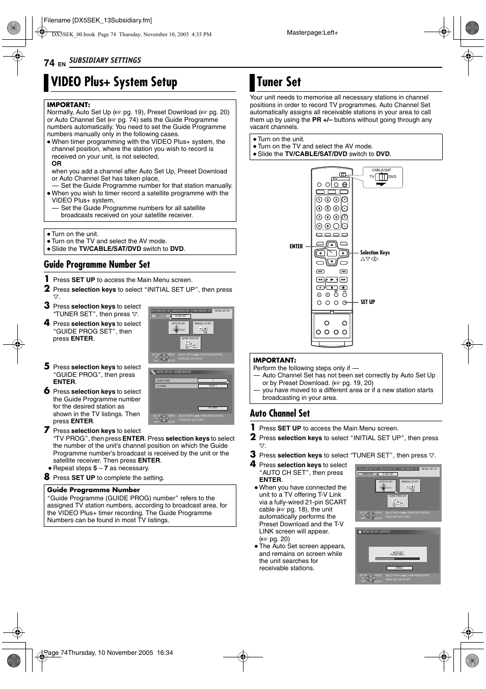 Video plus+ system setup tuner set, Ner setting (a pg. 74), Setting. (a pg. 74) | Ed (a pg. 74), A pg. 74), Avideo plus+ system setupb (a pg. 74), R that station. (a pg. 74, Avideo plus, System setup, Video plus+ system setup | JVC DR-DX5SEK User Manual | Page 74 / 92