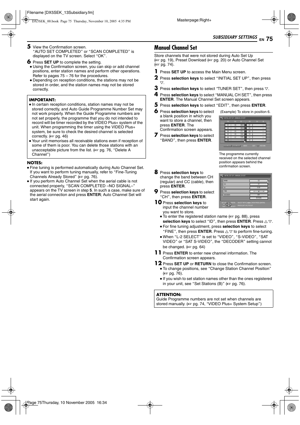 Manual channel set, Subsidiary settings | JVC DR-DX5SEK User Manual | Page 75 / 92