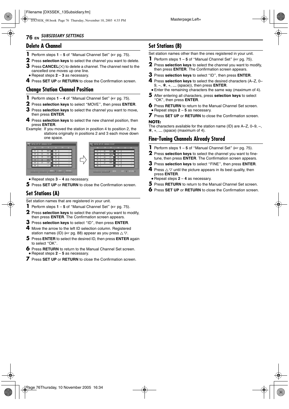 A pg. 76), A pg. 76, Adelete a channelb) | 76 f, R to, Afine-tuning, Channels already stored, B (a pg. 76), Achange station channel positionb, Aset stations (b)b (a pg. 76) | JVC DR-DX5SEK User Manual | Page 76 / 92