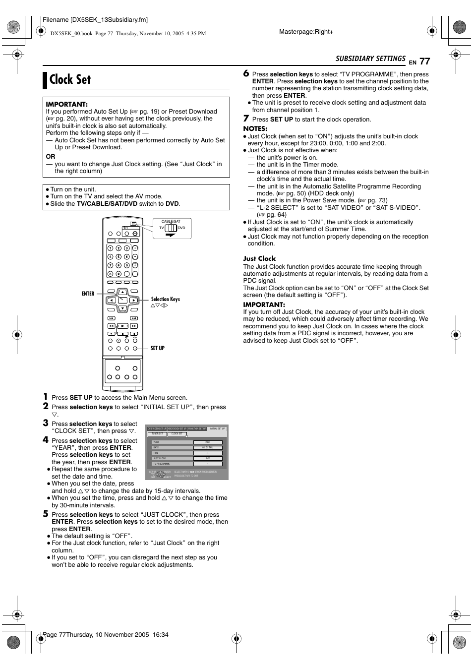 Clock set, A pg. 77), K setting (a pg. 77) | Aclock setb (a pg. 77), K (a pg. 77) does not, K function (a pg. 77) d, Subsidiary settings | JVC DR-DX5SEK User Manual | Page 77 / 92