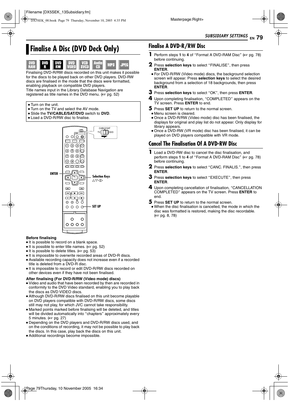 Finalise a disc (dvd deck only), Afinalise a disc (dvd deck, Only) | B (a pg. 79), Finalise a dvd-r/rw disc, Cancel the finalisation of a dvd-rw disc | JVC DR-DX5SEK User Manual | Page 79 / 92