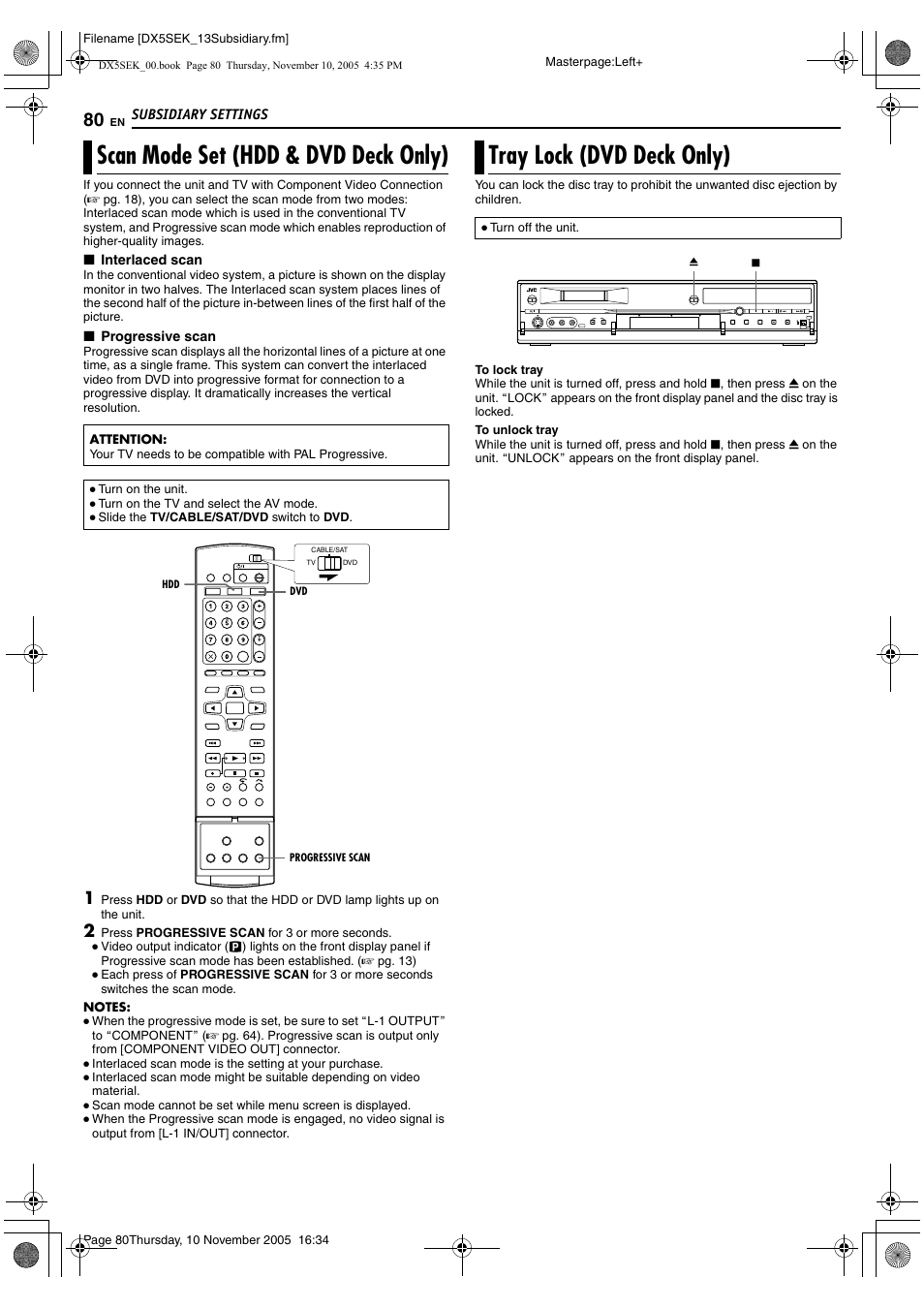 A pg. 80, Ascan mode set (hdd & dvd deck, Only) | B (a pg. 80), A pg. 80), Scan mode set (hdd & dvd deck only), Tray lock (dvd deck only) | JVC DR-DX5SEK User Manual | Page 80 / 92