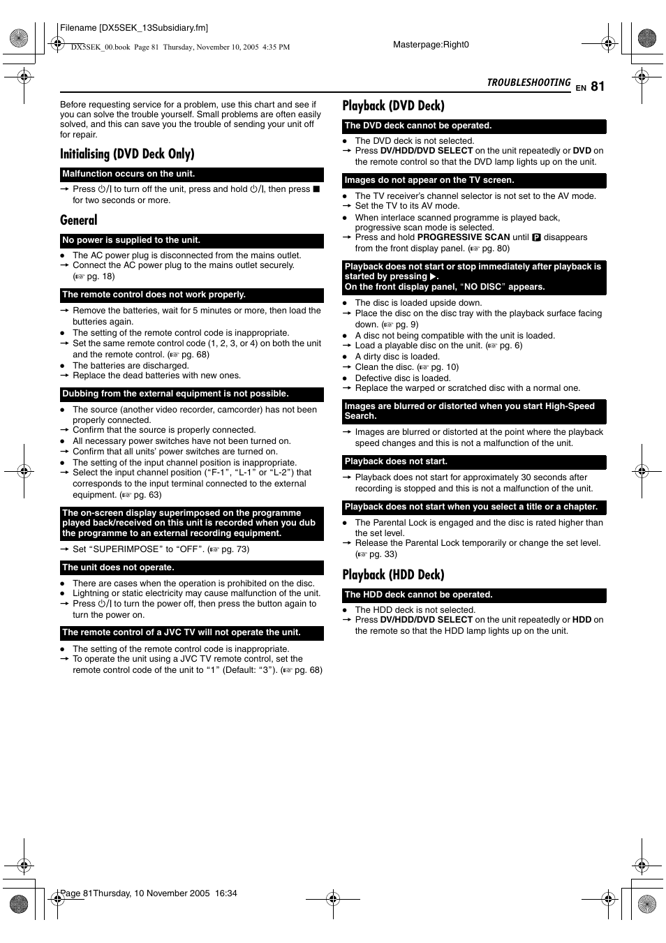 Troubleshooting, Initialising (dvd deck only), General | Playback (dvd deck), Playback (hdd deck) | JVC DR-DX5SEK User Manual | Page 81 / 92