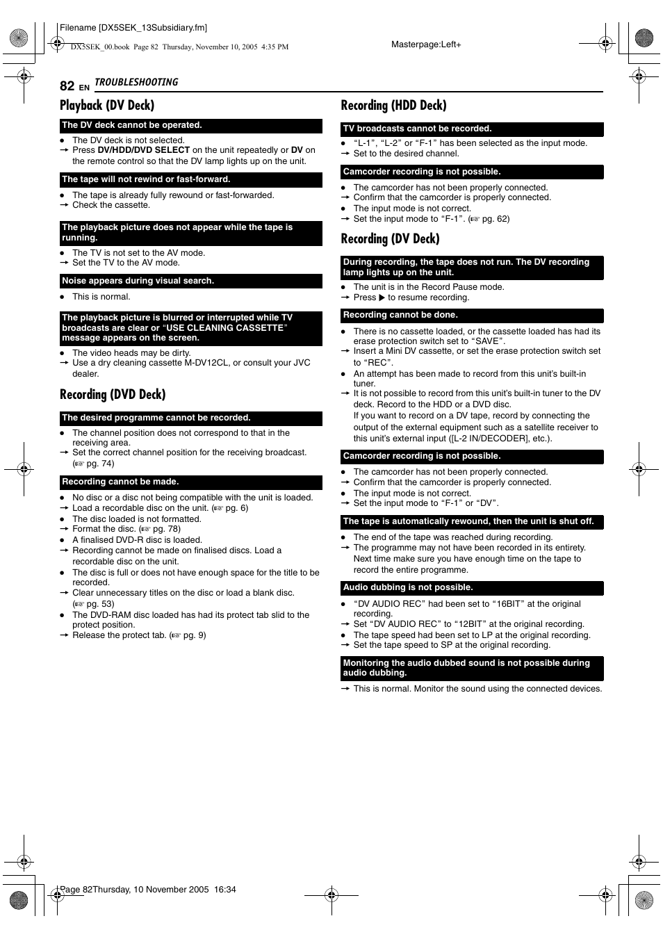 Playback (dv deck), Recording (dvd deck), Recording (hdd deck) | Recording (dv deck) | JVC DR-DX5SEK User Manual | Page 82 / 92