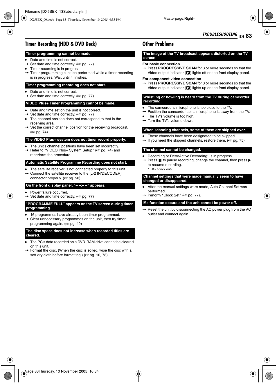 Timer recording (hdd & dvd deck), Other problems | JVC DR-DX5SEK User Manual | Page 83 / 92