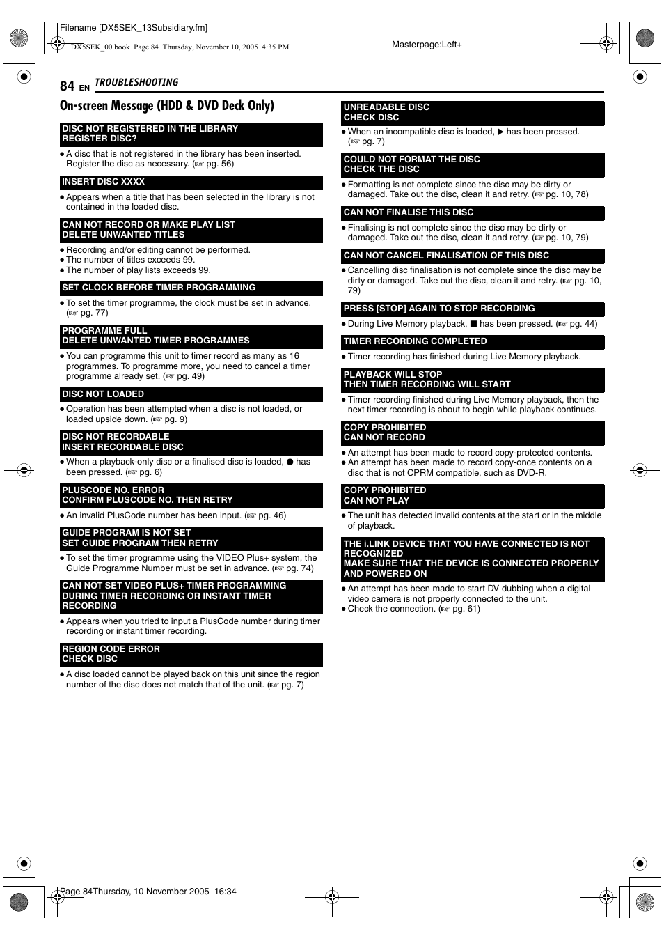 On-screen message (hdd & dvd deck only) | JVC DR-DX5SEK User Manual | Page 84 / 92