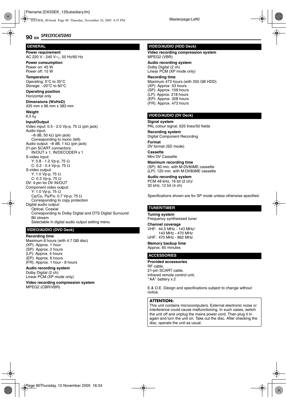 Specifications | JVC DR-DX5SEK User Manual | Page 90 / 92