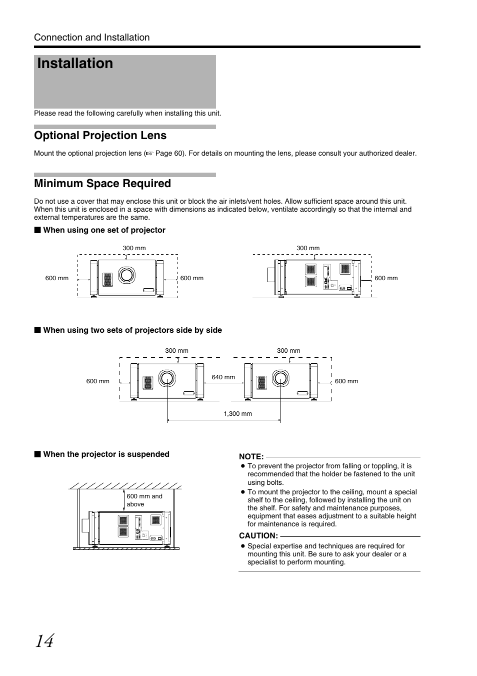 Connection and installation, Installation, Optional projection lens | Minimum space required, Onnecti, On and, Optional projection lens minimum space required | JVC DLA-SH7NL User Manual | Page 14 / 64