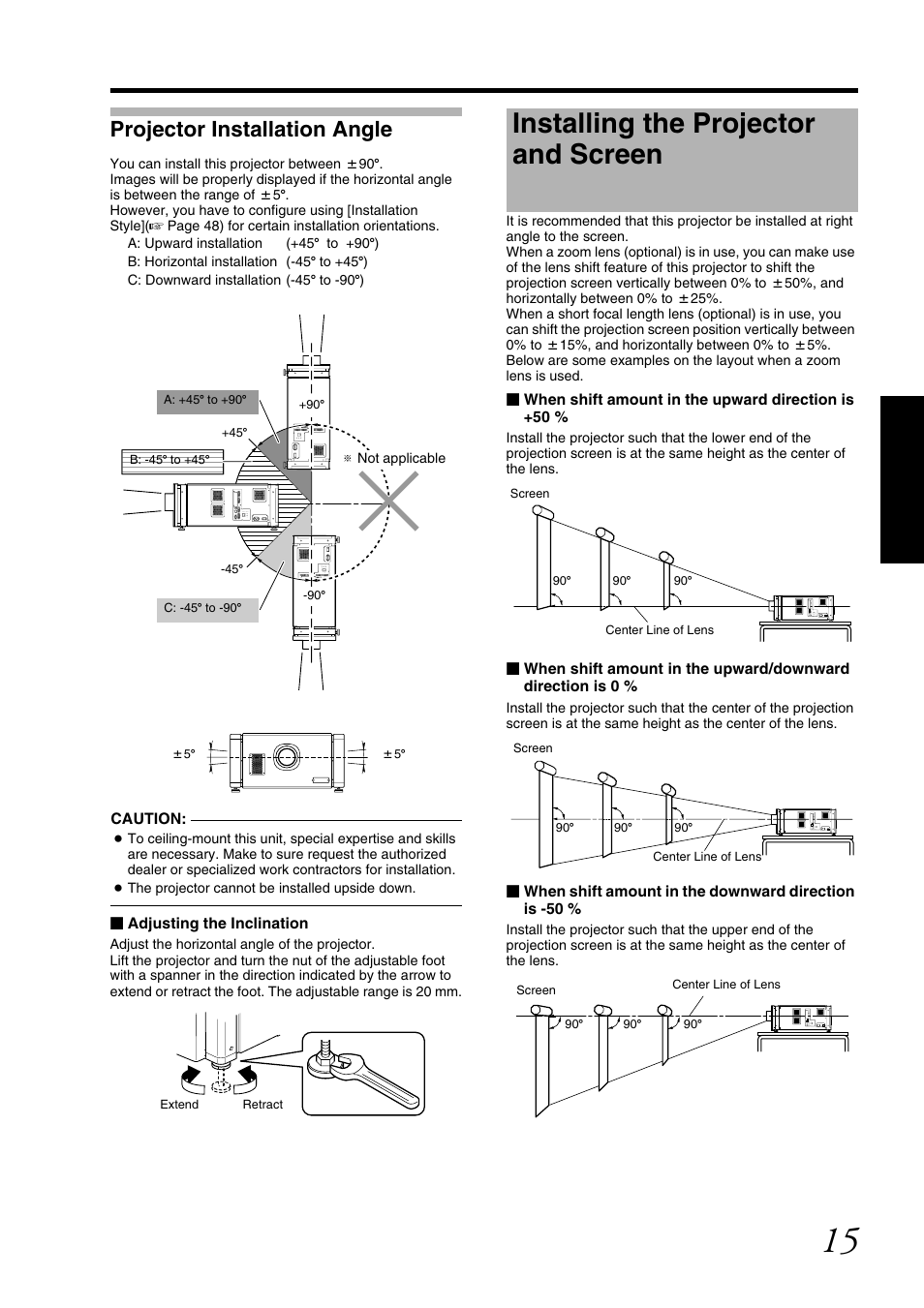 Projector installation angle, Installing the projector and screen | JVC DLA-SH7NL User Manual | Page 15 / 64