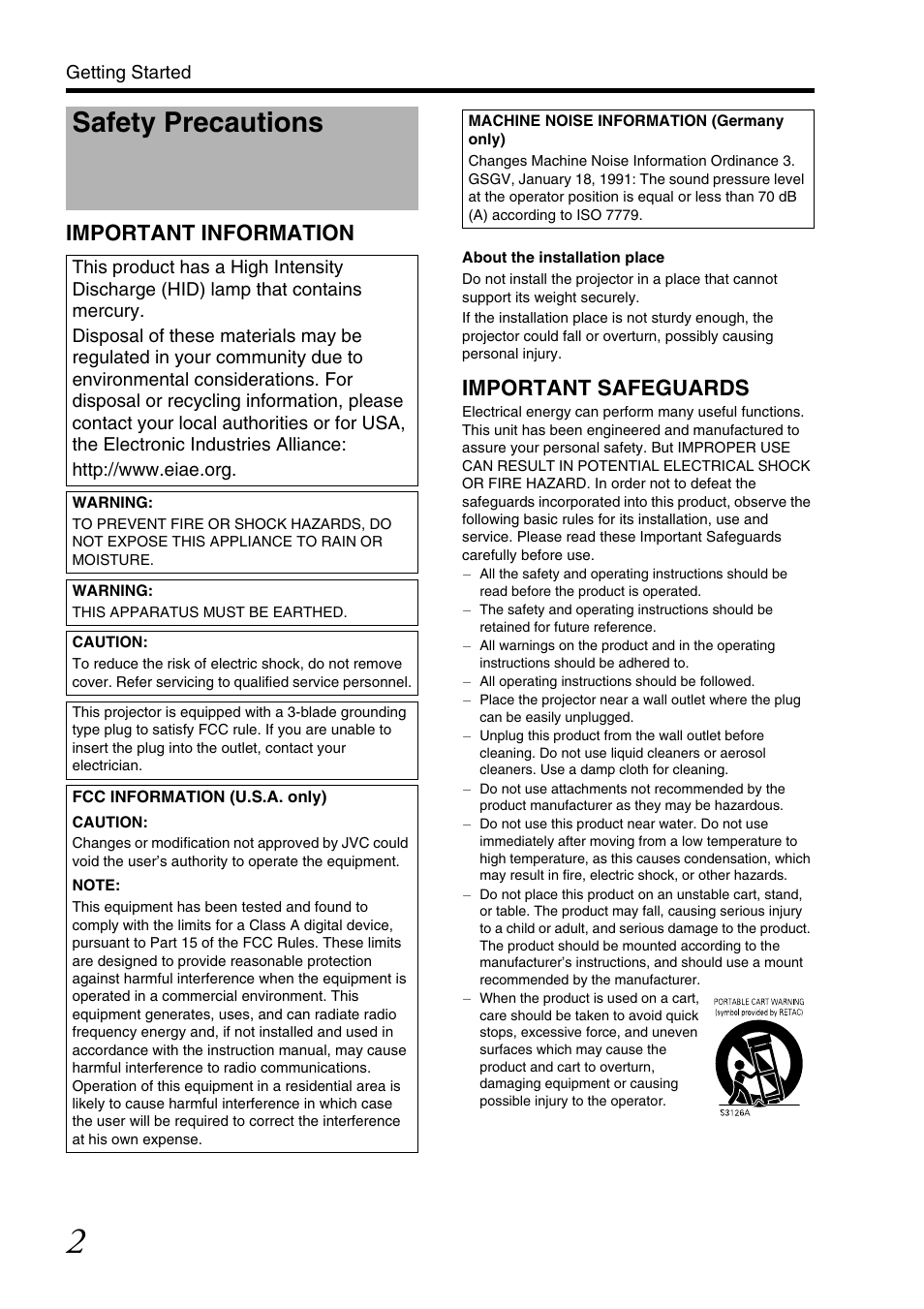Getting started, Safety precautions, Important information | Important safeguards | JVC DLA-SH7NL User Manual | Page 2 / 64