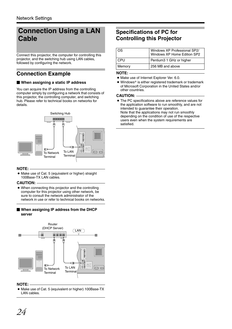 Network settings, Connection using a lan cable, Connection example | Ork settings | JVC DLA-SH7NL User Manual | Page 24 / 64