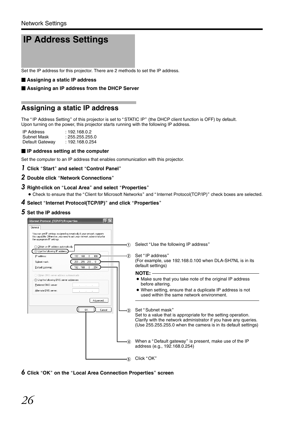 Ip address settings, Assigning a static ip address | JVC DLA-SH7NL User Manual | Page 26 / 64