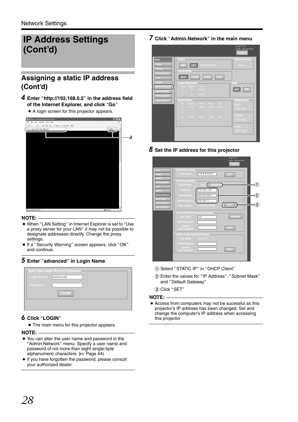 Ip address settings (cont’d), Assigning a static ip address (cont’d) 4, Network settings | Enter aadvancedb in login name, Click aloginb, Set the ip address for this projector, A login screen for this projector appears, The main menu for this projector appears, Assign, Ab c | JVC DLA-SH7NL User Manual | Page 28 / 64