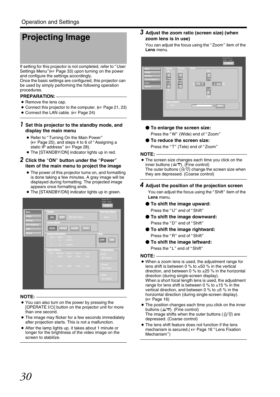 Operation and settings, Projecting image, Settings | Preparation, Adjust the position of the projection screen | JVC DLA-SH7NL User Manual | Page 30 / 64