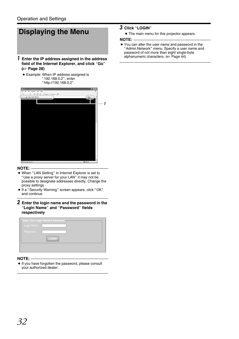 Displaying the menu, Operation and settings | JVC DLA-SH7NL User Manual | Page 32 / 64