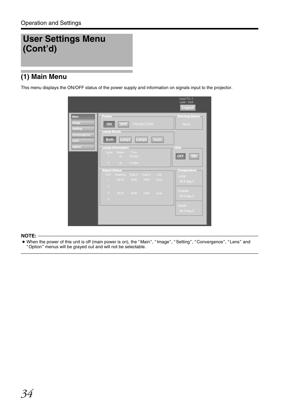 1) main menu, User settings menu (cont’d), Operation and settings | JVC DLA-SH7NL User Manual | Page 34 / 64