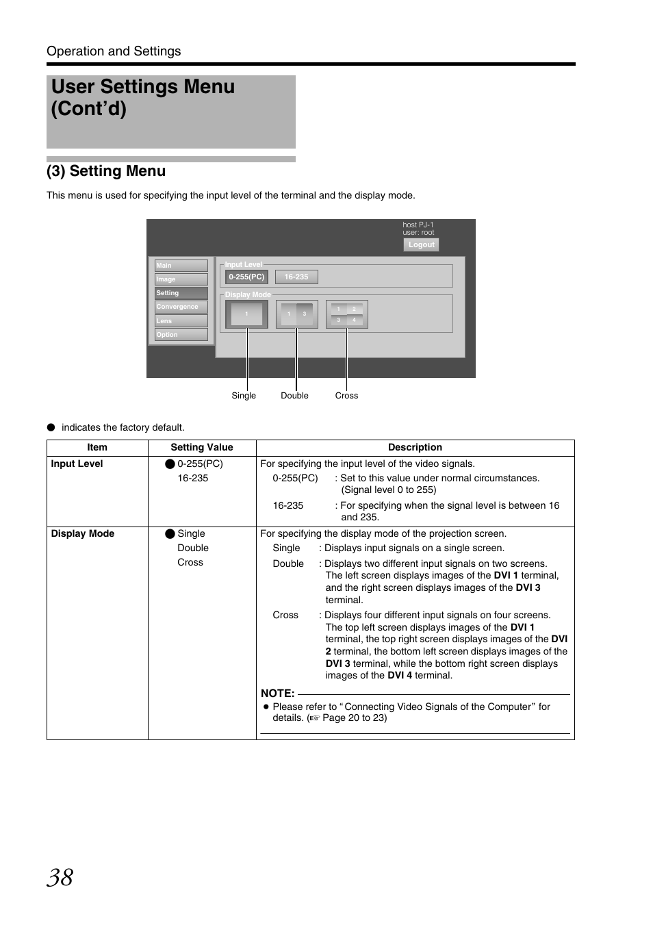 3) setting menu, User settings menu (cont’d), Operation and settings | JVC DLA-SH7NL User Manual | Page 38 / 64
