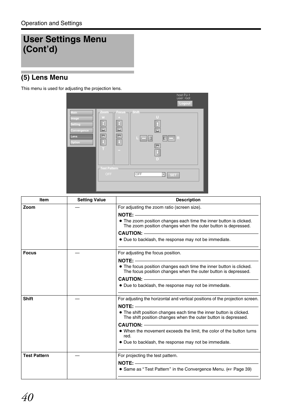 5) lens menu, User settings menu (cont’d), Operation and settings | JVC DLA-SH7NL User Manual | Page 40 / 64