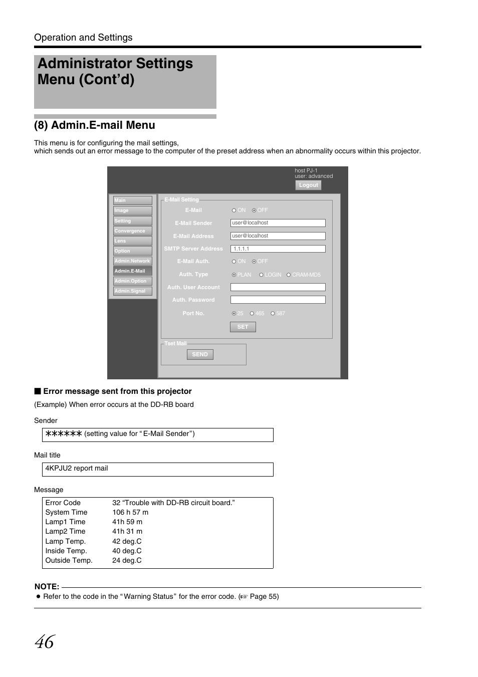 8) admin.e-mail menu, 8) admin. e-mail menu, Administrator settings menu (cont’d) | Operation and settings | JVC DLA-SH7NL User Manual | Page 46 / 64