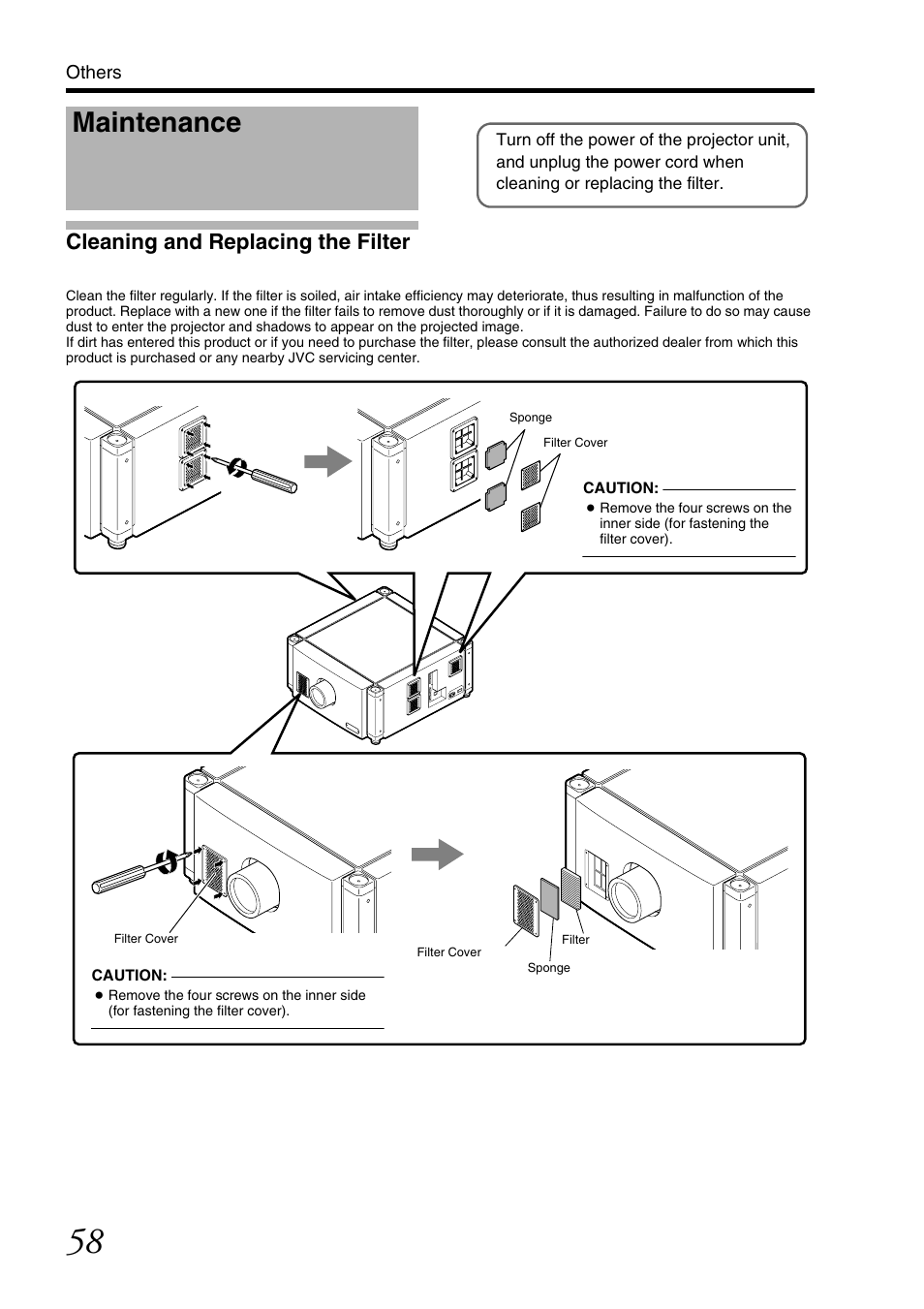 Maintenance, Cleaning and replacing the filter, Larly | JVC DLA-SH7NL User Manual | Page 58 / 64
