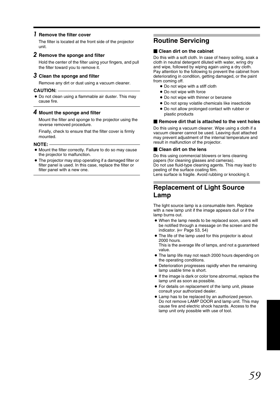 Routine servicing, Replacement of light source lamp, Routine servicing replacement of light source lamp | JVC DLA-SH7NL User Manual | Page 59 / 64