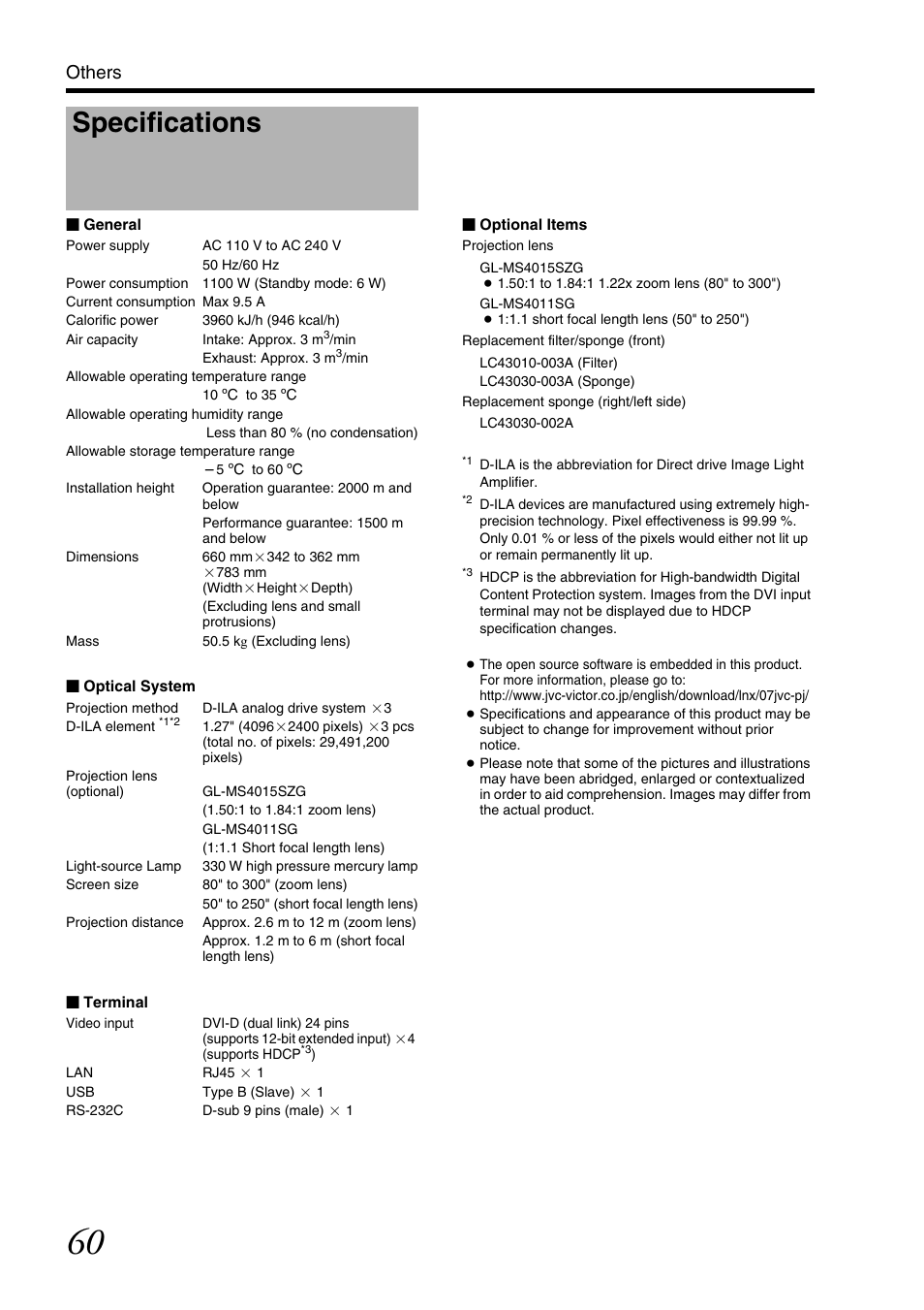 Specifications, Others | JVC DLA-SH7NL User Manual | Page 60 / 64