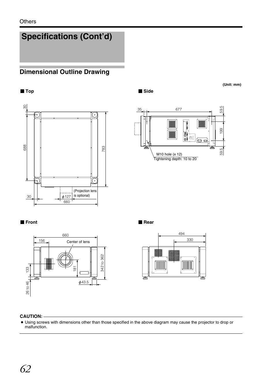 Dimensional outline drawing, Specifications (cont’d), Others | JVC DLA-SH7NL User Manual | Page 62 / 64