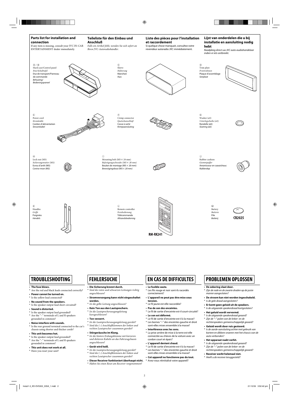 Troubleshooting, Fehlersuche, En cas de difficultes | Problemen oplossen | JVC DVD/CD Receiver KD-DV5301 User Manual | Page 2 / 6