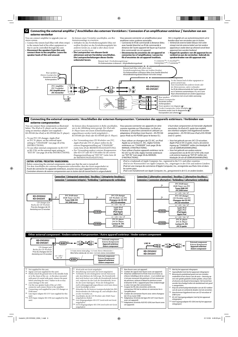 Connecting the external amplifier, Aansluiten van een externe versterker | JVC DVD/CD Receiver KD-DV5301 User Manual | Page 6 / 6