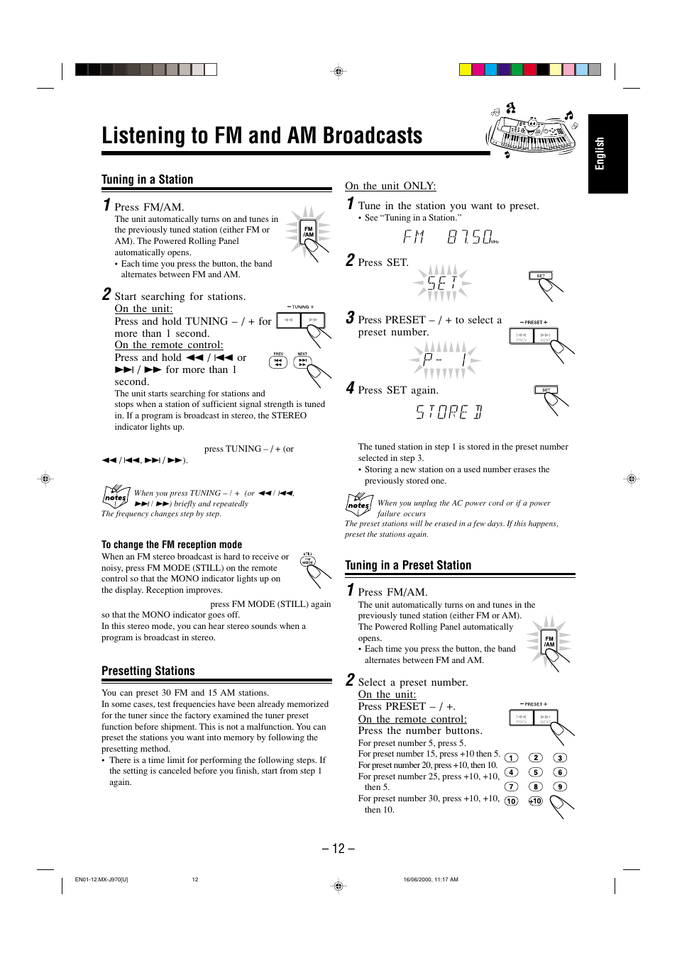 Listening to fm and am broadcasts | JVC CA-MXJ980V User Manual | Page 17 / 37