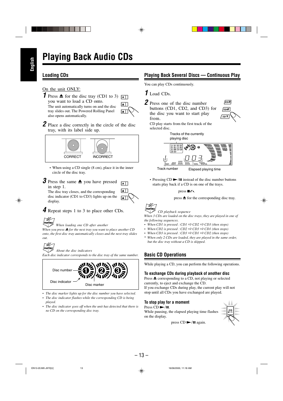 Playing back audio cds, Loading cds, Playing back several discs — continuous play | Basic cd operations | JVC CA-MXJ980V User Manual | Page 18 / 37