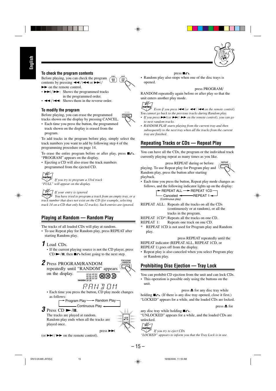 Repeating tracks or cds — repeat play, Prohibiting disc ejection — tray lock, Playing at random — random play | JVC CA-MXJ980V User Manual | Page 20 / 37