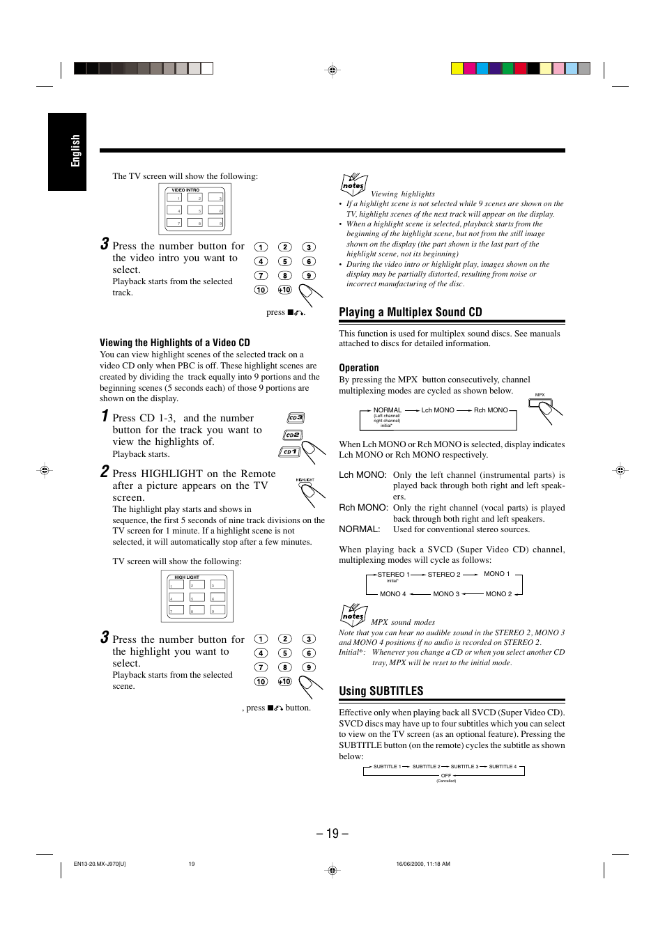 Playing a multiplex sound cd, Using subtitles, English | Operation, Viewing the highlights of a video cd | JVC CA-MXJ980V User Manual | Page 24 / 37