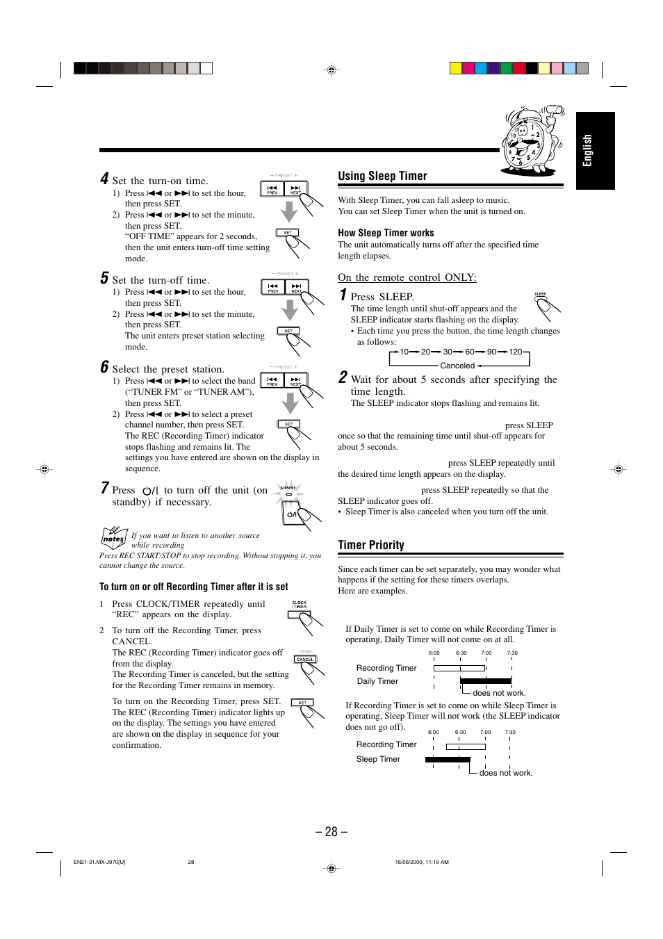 Using sleep timer, Timer priority | JVC CA-MXJ980V User Manual | Page 33 / 37