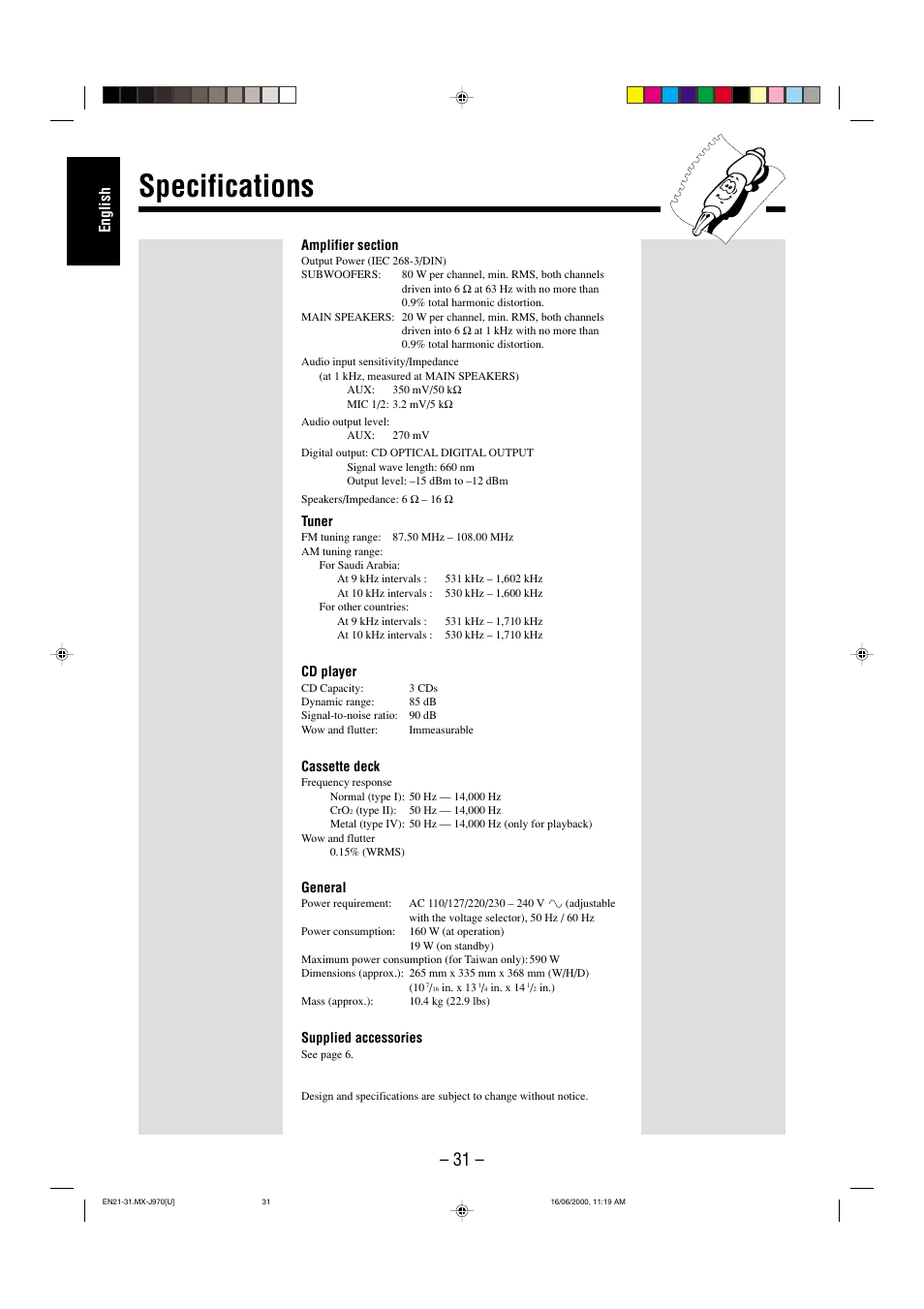 Specifications, English | JVC CA-MXJ980V User Manual | Page 36 / 37