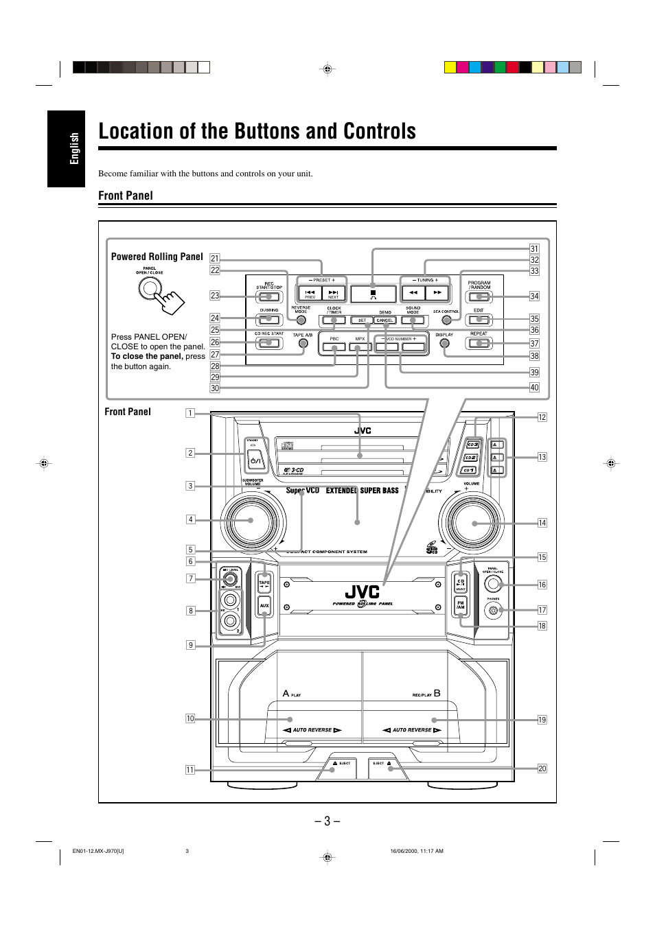 Location of the buttons and controls, Front panel | JVC CA-MXJ980V User Manual | Page 8 / 37