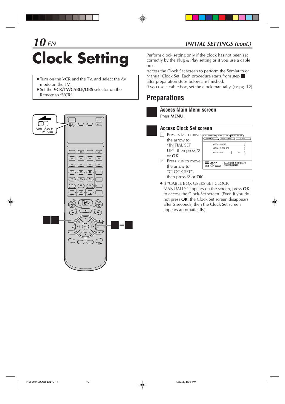 Clock setting, Preparations, Initial settings (cont.) | JVC HM-DH40000U User Manual | Page 10 / 92