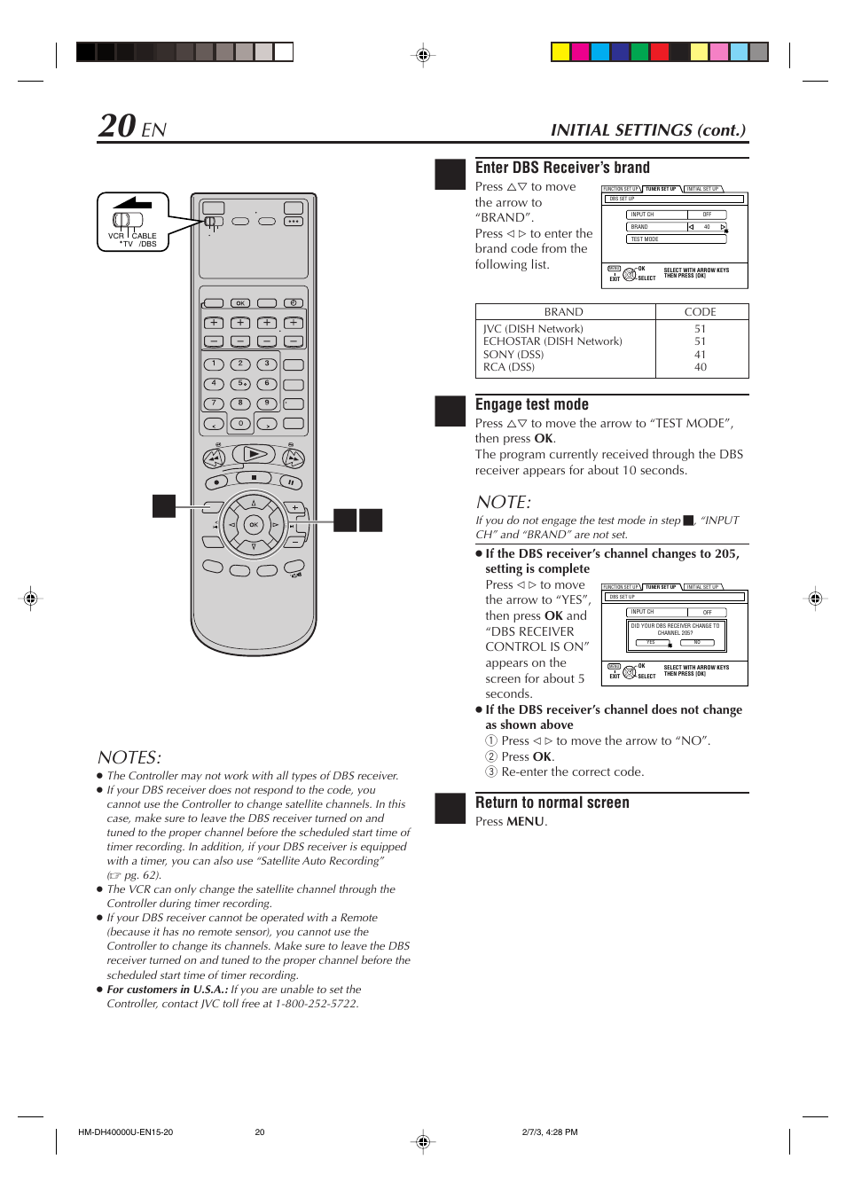 Initial settings (cont.), Enter dbs receiver’s brand, Engage test mode | Return to normal screen | JVC HM-DH40000U User Manual | Page 20 / 92