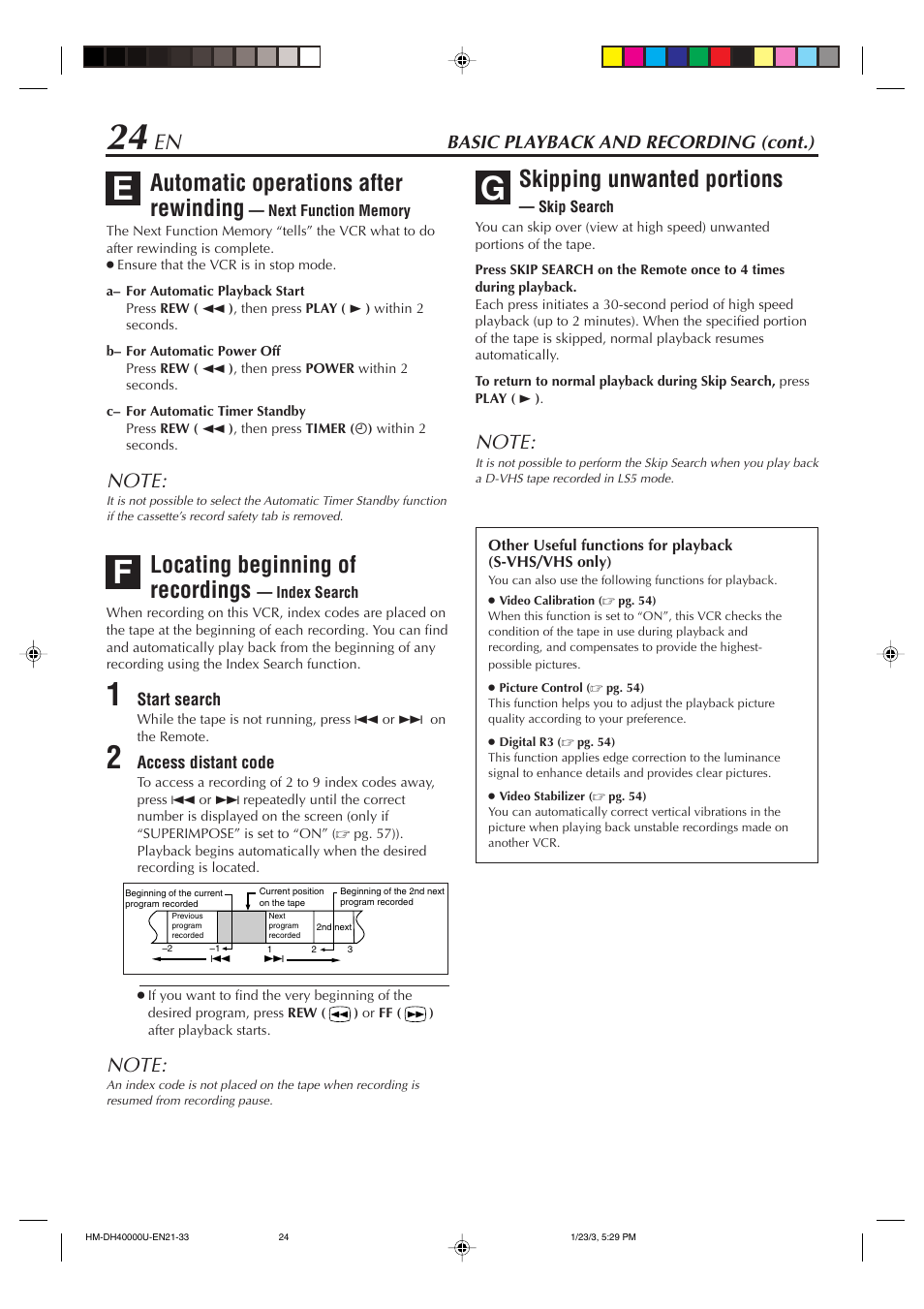 Automatic operations after rewinding, Locating beginning of recordings, Skipping unwanted portions | Basic playback and recording (cont.) | JVC HM-DH40000U User Manual | Page 24 / 92