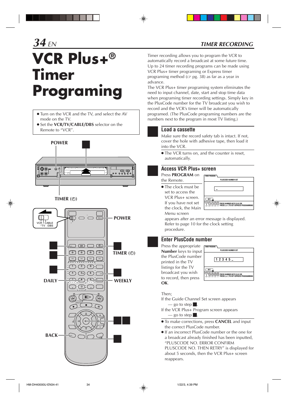 Vcr plus, Timer programing, Timer recording | JVC HM-DH40000U User Manual | Page 34 / 92