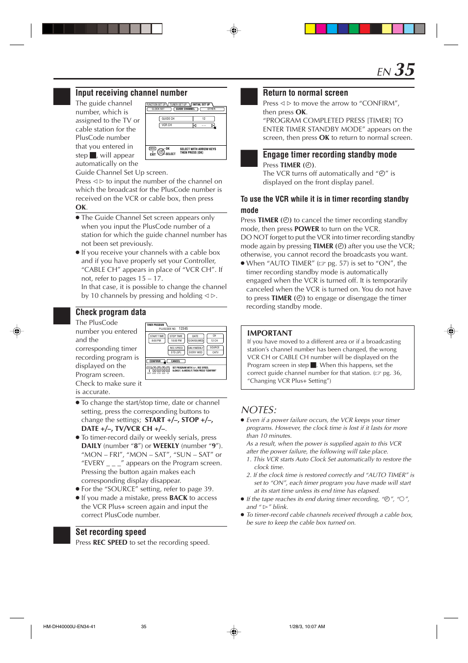 Input receiving channel number, Check program data, Set recording speed | Return to normal screen, Engage timer recording standby mode, Important | JVC HM-DH40000U User Manual | Page 35 / 92