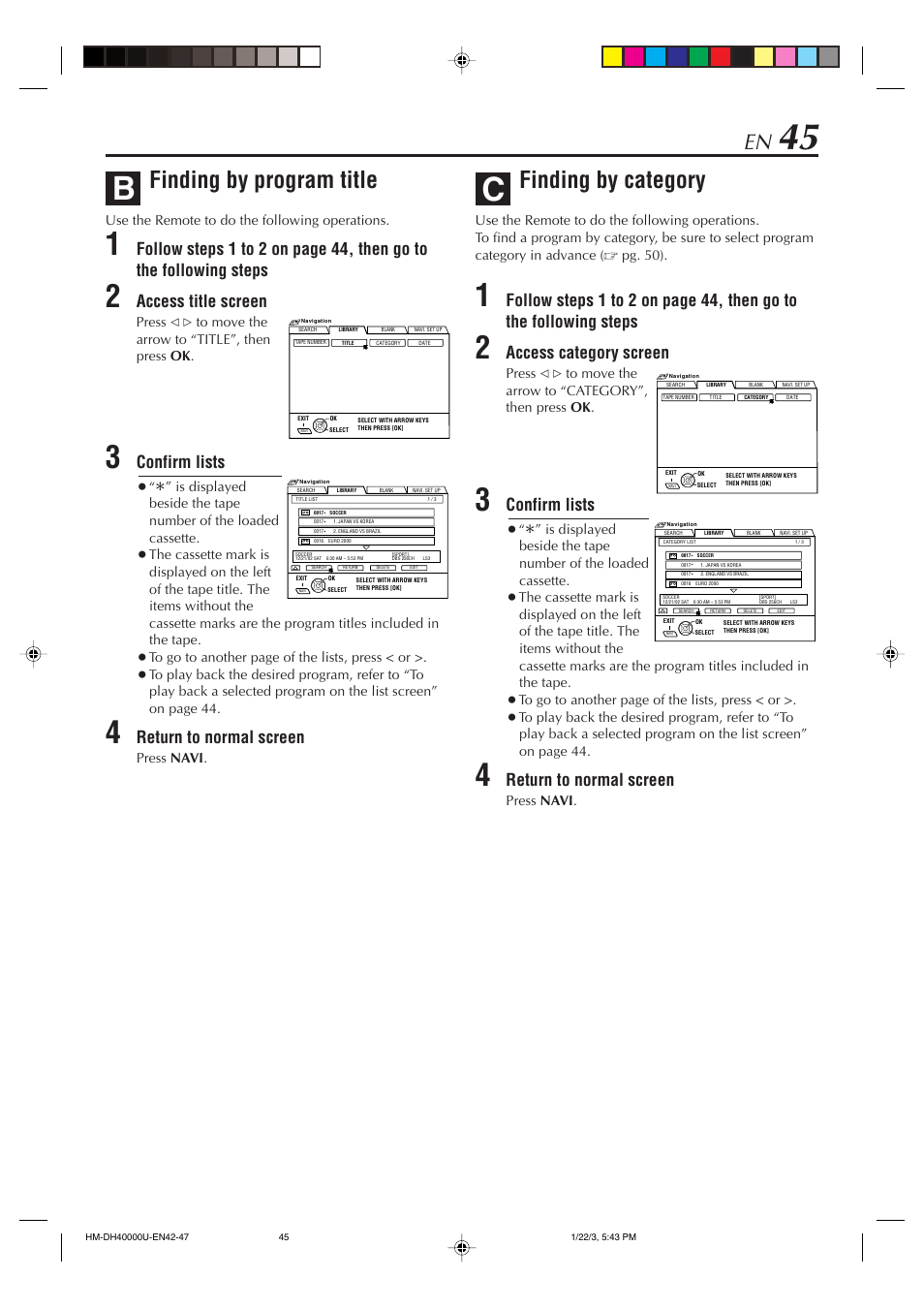 Finding by program title, Finding by category, Access title screen | Confirm lists, Return to normal screen, Access category screen | JVC HM-DH40000U User Manual | Page 45 / 92