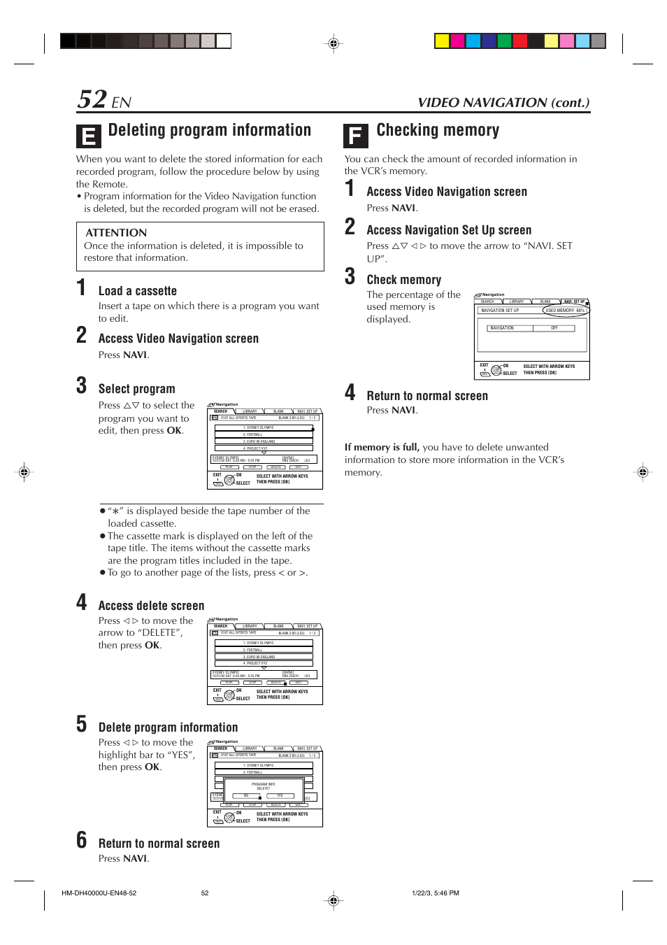 Deleting program information, Video navigation (cont.), Load a cassette | Access video navigation screen, Select program, Access delete screen, Delete program information, Return to normal screen, Access navigation set up screen, Attention | JVC HM-DH40000U User Manual | Page 52 / 92