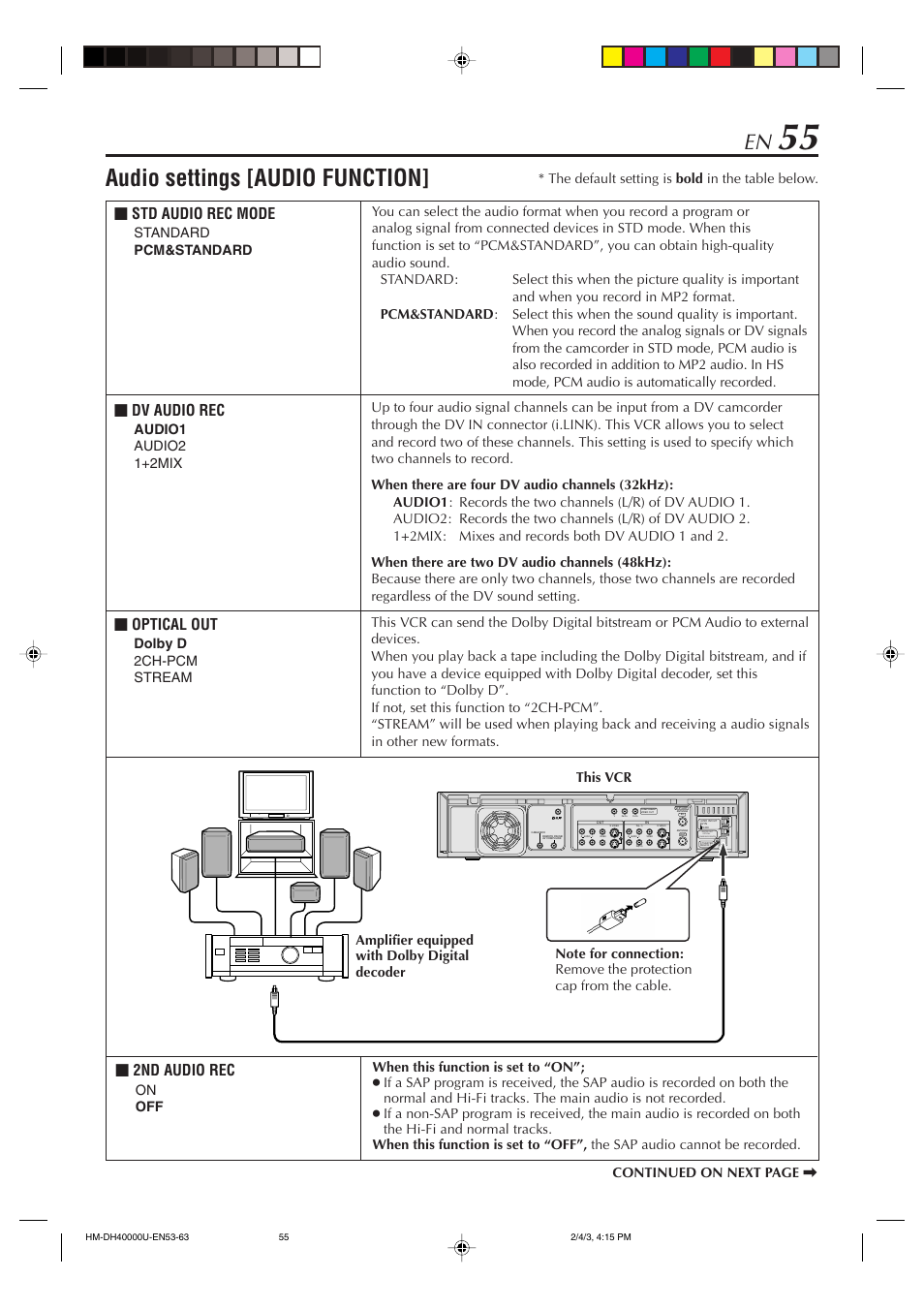 Audio settings [audio function, Dv audio rec, Optical out | 2nd audio rec, Std audio rec mode, Audio1 audio2 1+2mix, Dolby d 2ch-pcm stream, Digital out optical pcm/dolby digital, On off continued on next page | JVC HM-DH40000U User Manual | Page 55 / 92