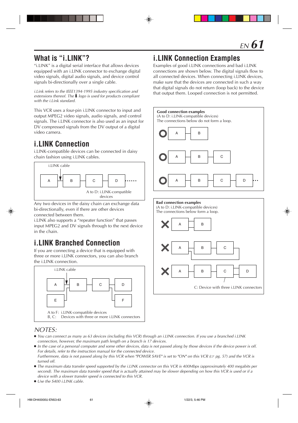 What is “i.link, I.link connection, I.link branched connection | I.link connection examples | JVC HM-DH40000U User Manual | Page 61 / 92