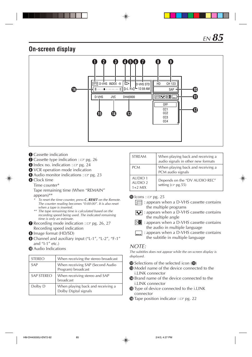 On-screen display | JVC HM-DH40000U User Manual | Page 85 / 92