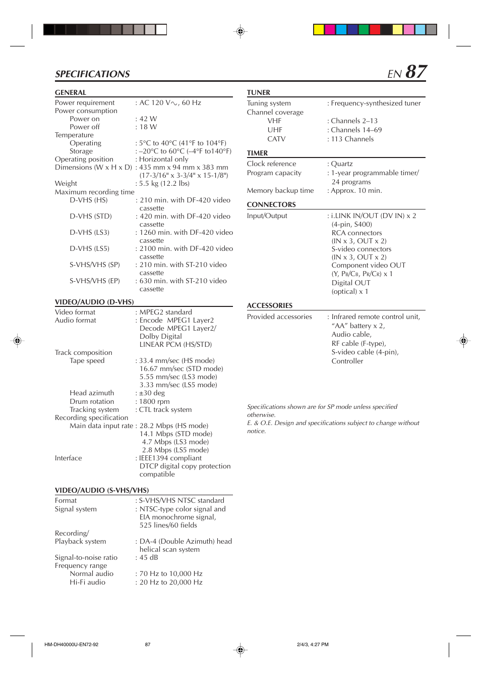 Specifications | JVC HM-DH40000U User Manual | Page 87 / 92