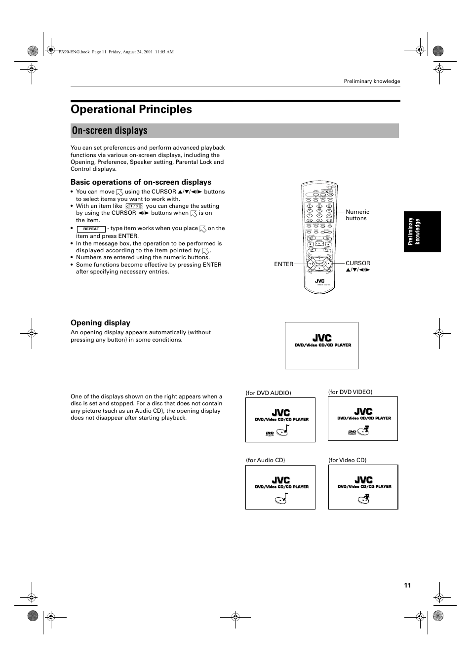 Operational principles, On-screen displays, Basic operations of on-screen displays | Opening display, Pre lim in ar y know le dg e, Enter numeric buttons cursor 5/∞/2/3, Preliminary knowledge | JVC XV-FA92SL User Manual | Page 13 / 74
