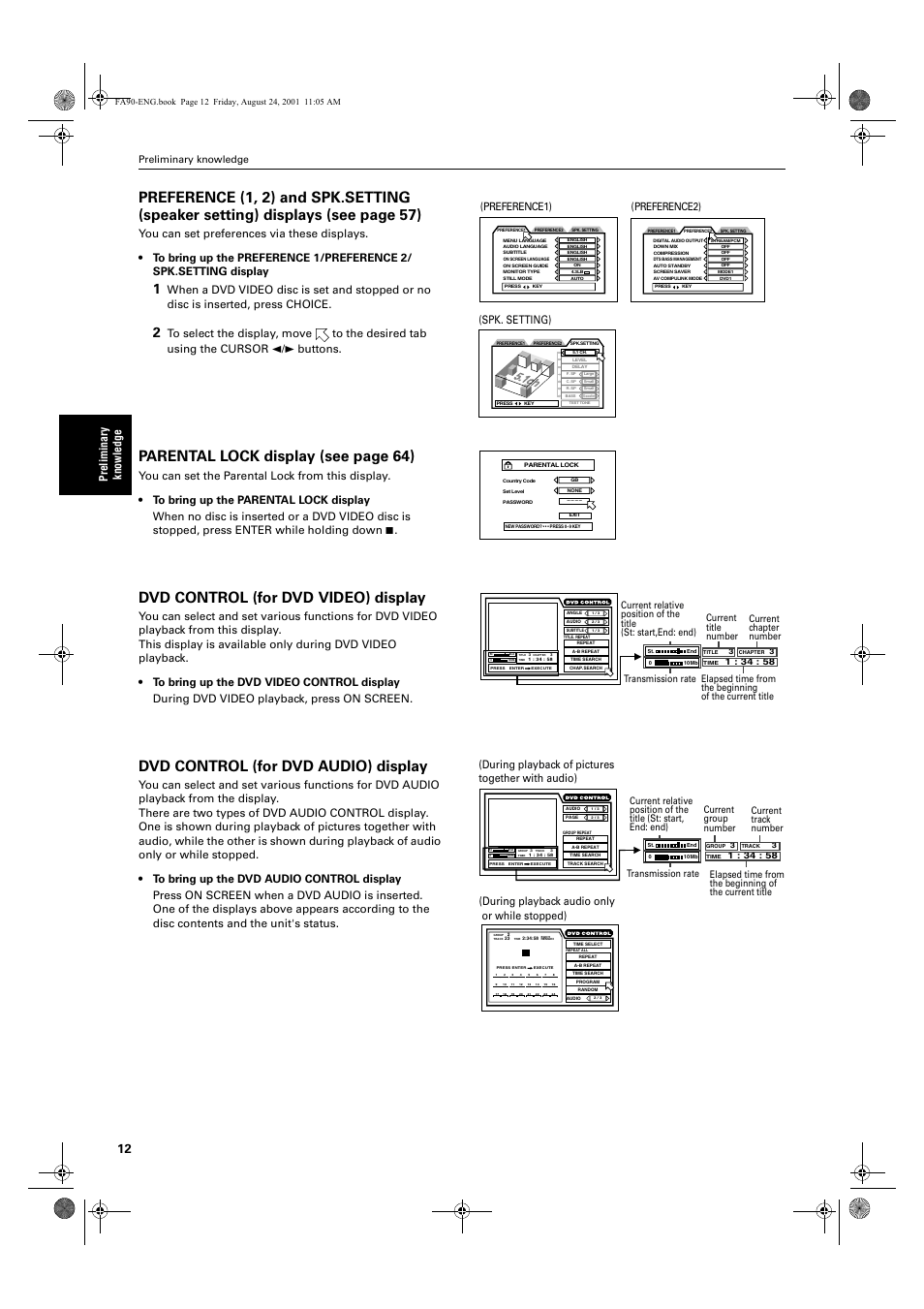 Parental lock display (see page 64), Dvd control (for dvd video) display, Dvd control (for dvd audio) display | Pre lim in ar y kn ow le dge, Preference1 ), Preference2 ), Spk. setting), During playback of pictures together with audio), During playback audio only or while stopped), Preliminary knowledge | JVC XV-FA92SL User Manual | Page 14 / 74